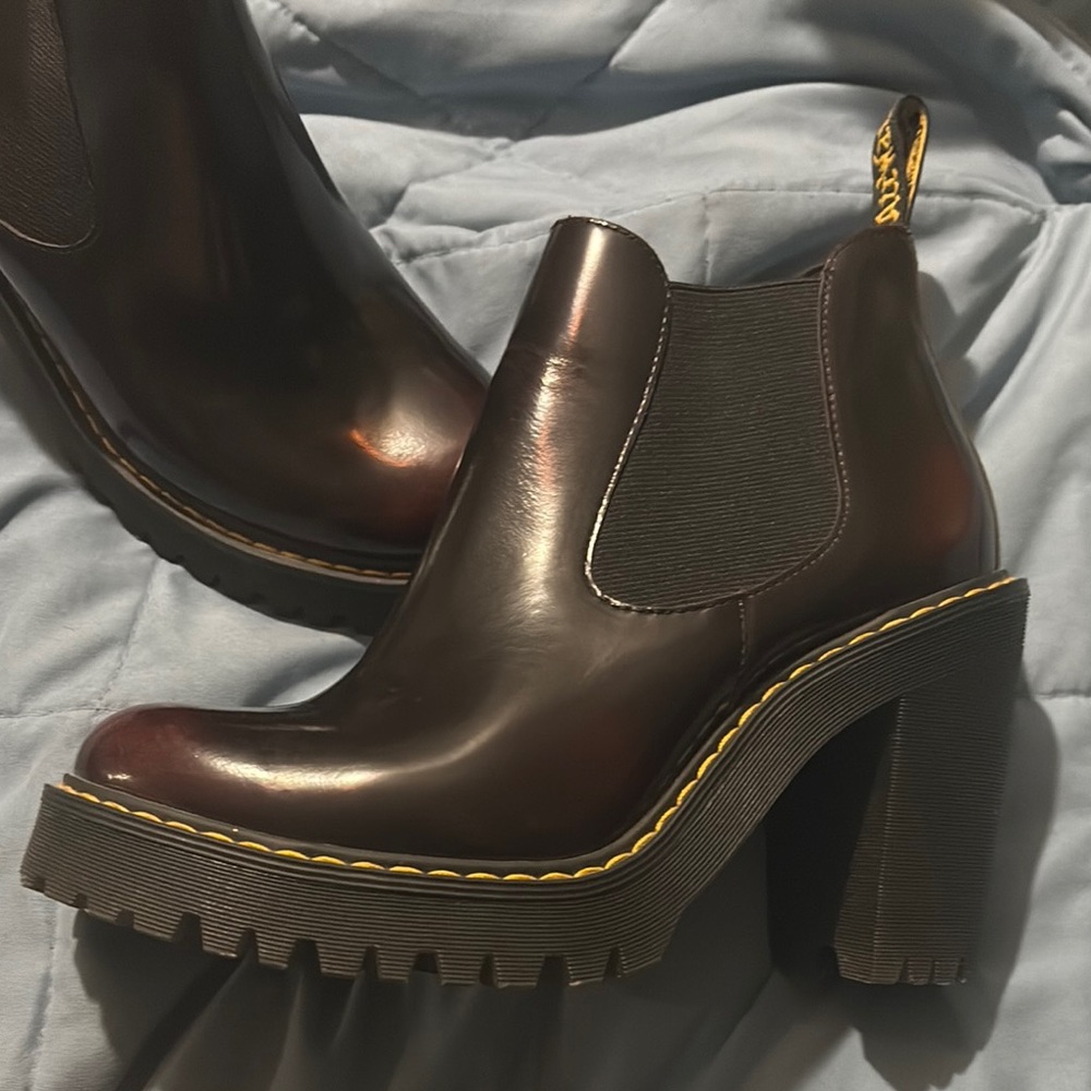 Dr. Martens Dark Brown Leather Chunky Chelsea Heel with Yellow Stitching
